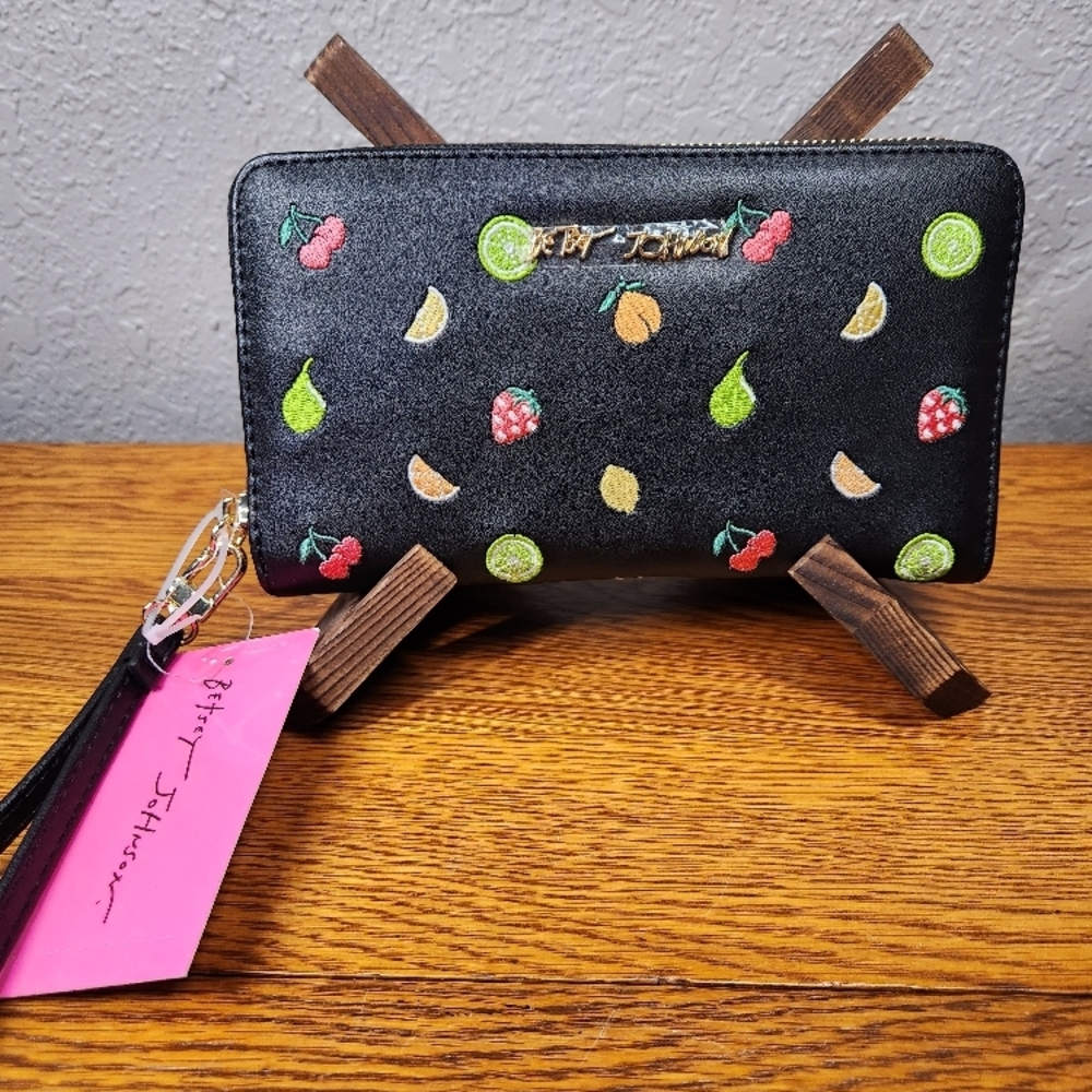 Betsey Johnson Black Fruit Embroidered Wristlet Wallet